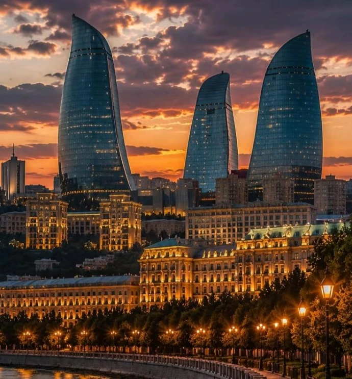 Flame Towers and Baku waterfront view
