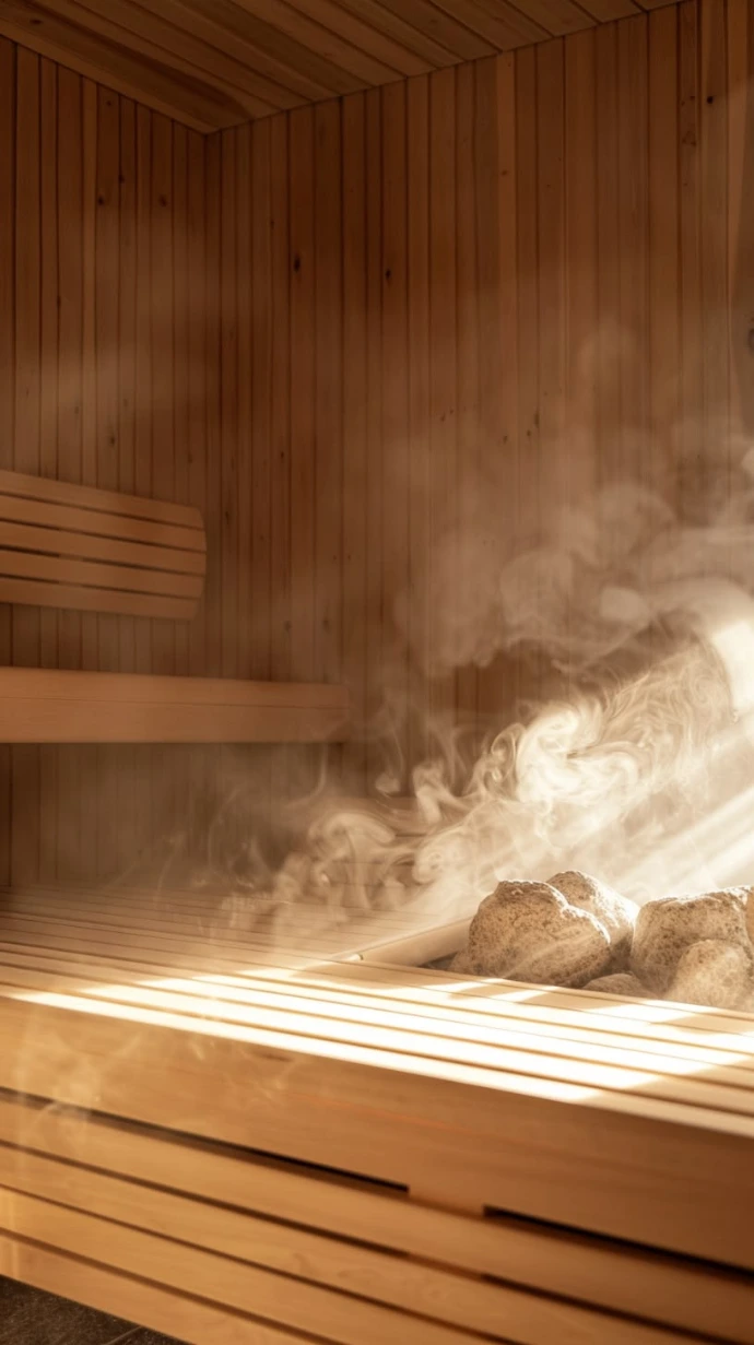 Wooden sauna room with steam